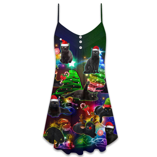 Christmas Tree Black Cat – Women's Summer Sleeveless V-Neck Camisole Dress