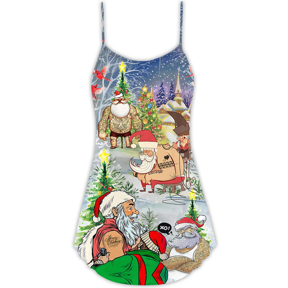 Tattoo Santa Christmas Cool Style V-Neck Sleeveless Cami Dress For Festive Events And Casual Summer Styling