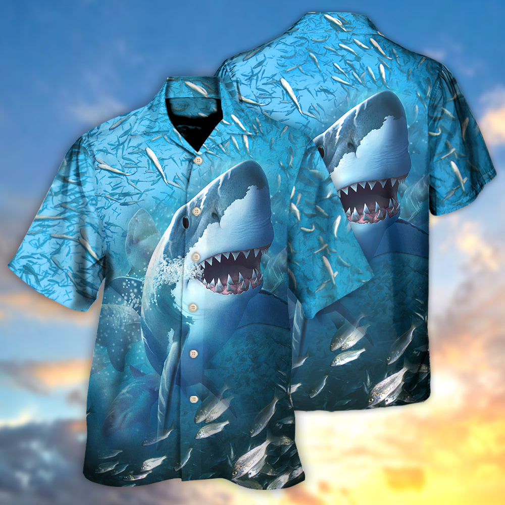 Shark Swims Baitfish Shoal Hawaiian Shirt Design Detail For Sunny Adventures And Casual Wear