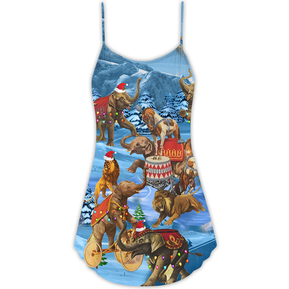 Elephant Circus Merry Christmas V-Neck Sleeveless Cami Dress For Festive Events And Casual Summer Styling