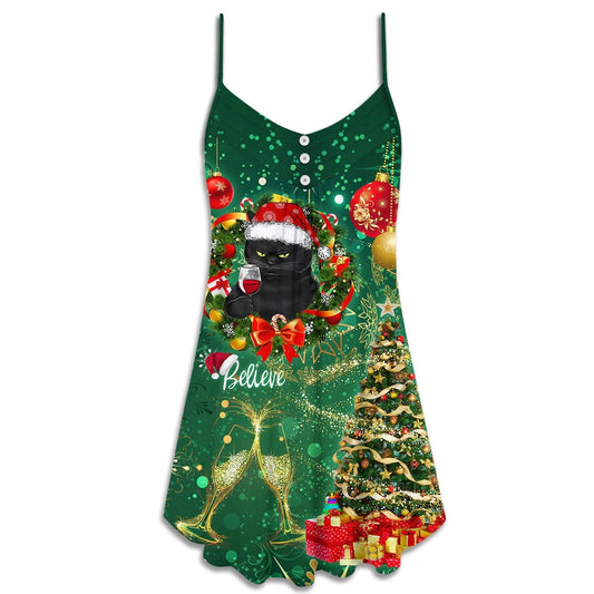 Christmas Black Cat Drinking Tree Lights – Women's Summer Sleeveless V-Neck Camisole Dress