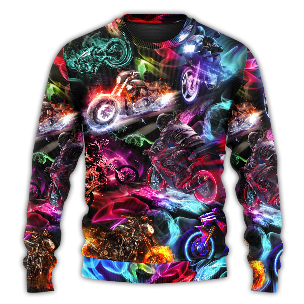 Motorcycle Racing Neon Light Colorful Sweater For Road Trips Weekend Gatherings And Thoughtful Gift Giving