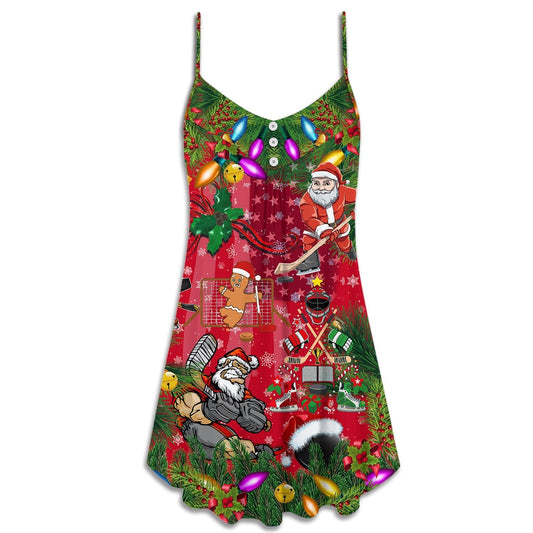 Christmas Hockey Fun With Santa V-Neck Sleeveless Cami Dress For Festivals Travel And Relaxed Casual Summer Wear