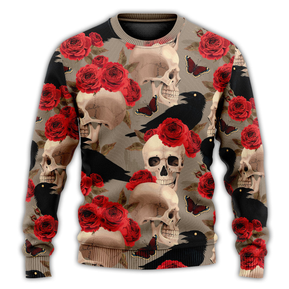 Skull With Rose Flower And Raven Gothic Sweater For Halloween Events Weekend Outings And Creative Gift Giving