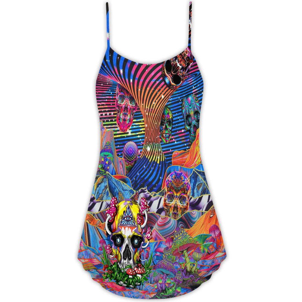 Hippie Colorful Skull Love Life V-Neck Sleeveless Cami Dress For Festivals And Distinctive Alternative Styling