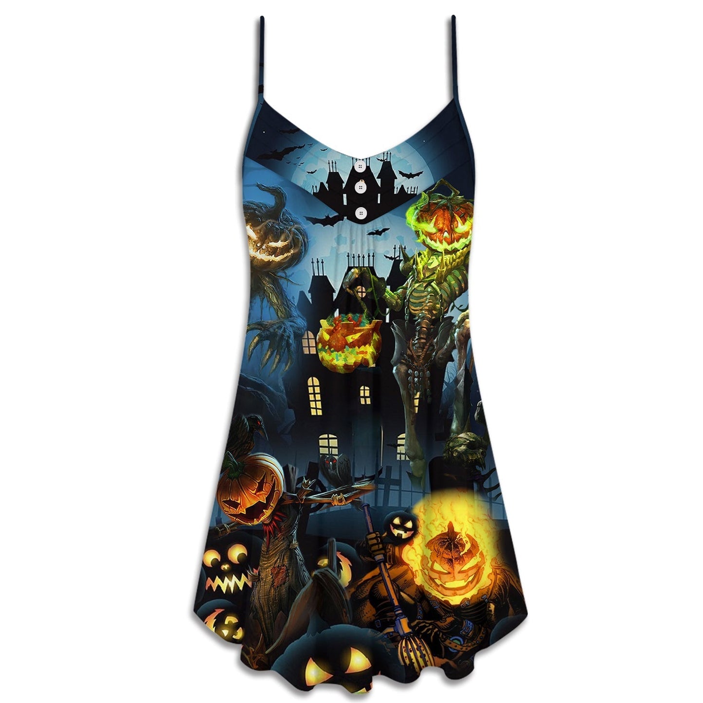 Halloween Pumpkin Sky Night V-Neck Sleeveless Cami Dress For Festivals Travel And Relaxed Casual Summer Wear