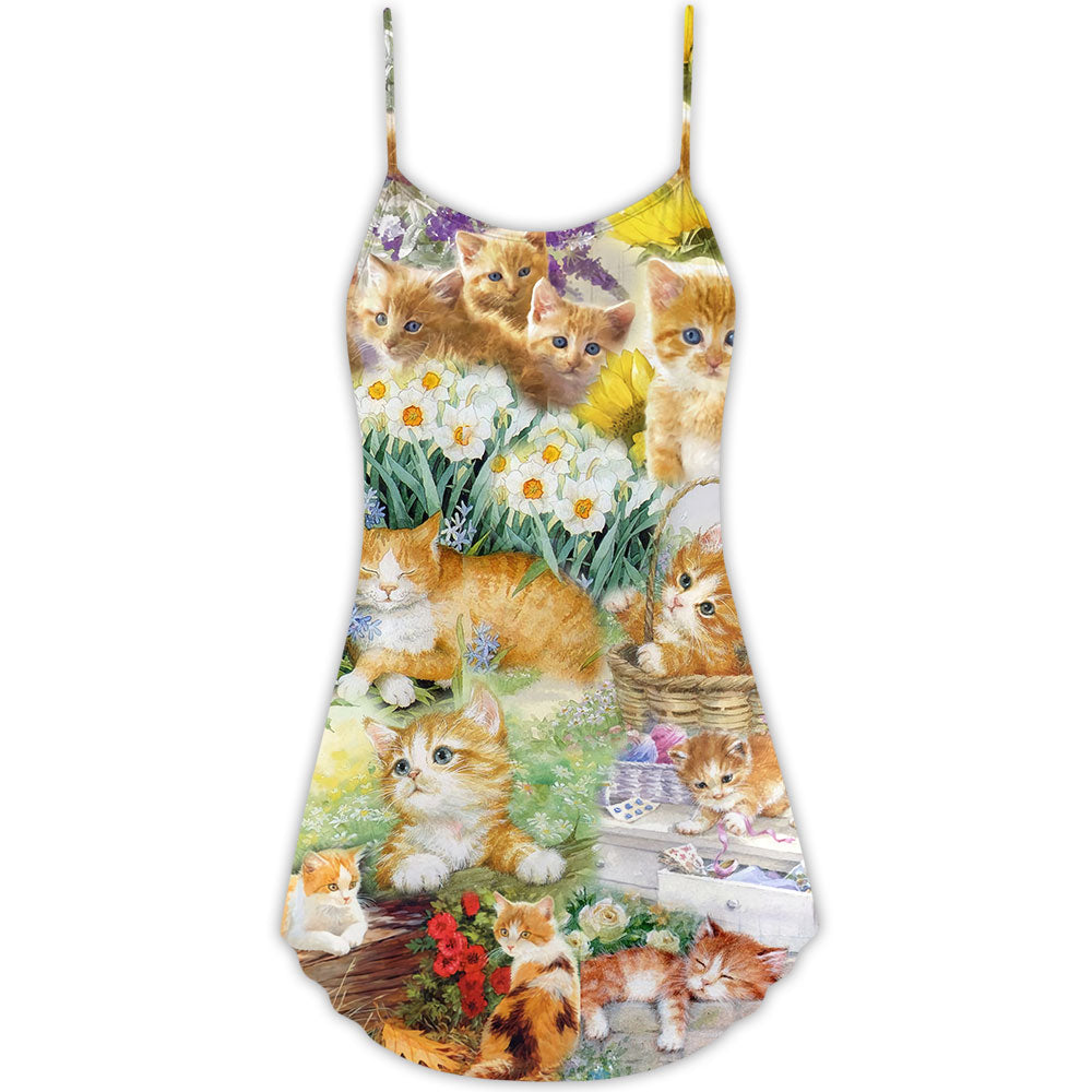 Yellow Kitty Lover Art V-Neck Sleeveless Cami Dress For Summer Vacations Festivals And Playful Casual Styling