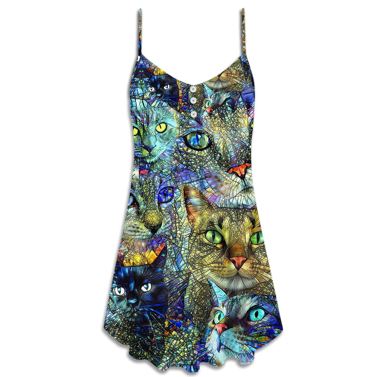 Colorful Cat Art Lover V-Neck Sleeveless Cami Dress For Festivals Parties And Fun Warm Weather Outfits