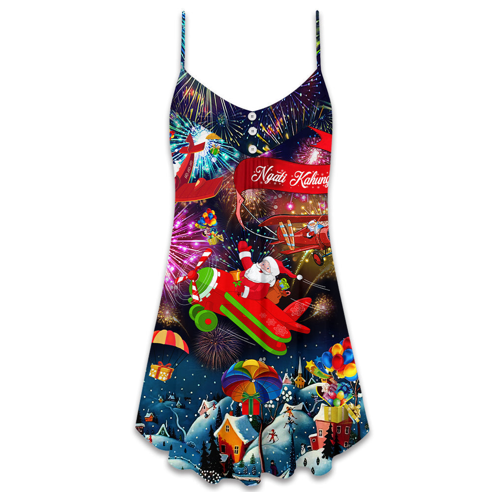 Christmas Airplane Holiday Greeting V-Neck Sleeveless Cami Dress For Festive Events And Casual Summer Styling