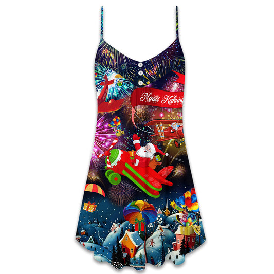Christmas Airplane Holiday Greeting V-Neck Sleeveless Cami Dress For Festive Events And Casual Summer Styling