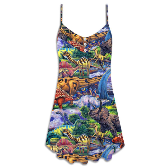 Colorful Dinosaur Art Style – Women's Summer Sleeveless V-Neck Camisole Dress
