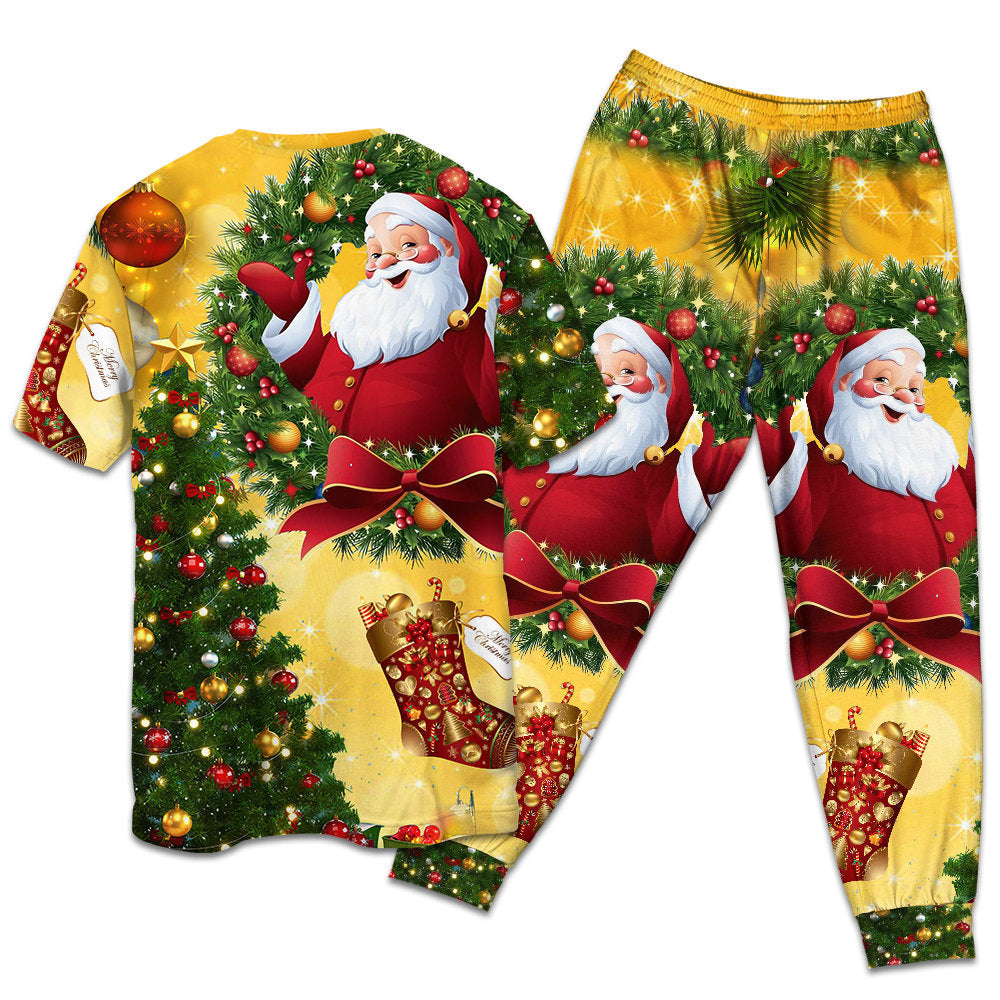 Santa And Golden Christmas Tree Short Sleeve Pajamas Set For Holiday Travel And Comfortable Home Wear