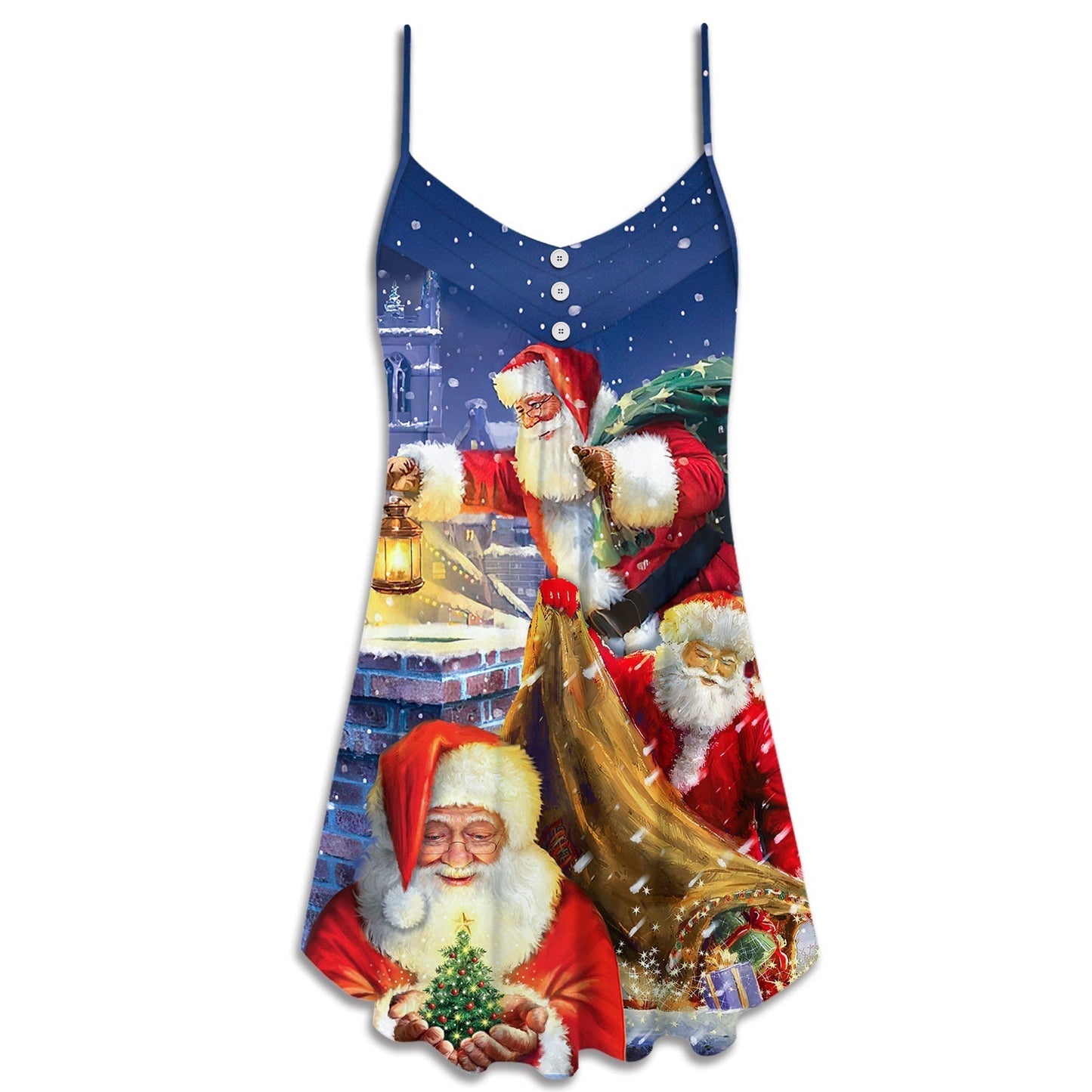Christmas Funny Santa Up On Rooftop Art Style V-Neck Sleeveless Cami Dress For Festive Events And Casual Summer Styling