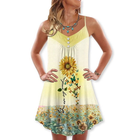 Butterfly And Sunflower You Are My Sunshine V-Neck Sleeveless Cami Dress For Summer Events And Colorful Daily Fashion