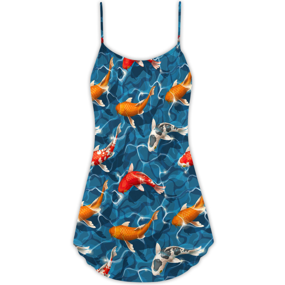 Koi Fish Swimming Pond V-Neck Sleeveless Cami Dress For Vacations And Casual Warm Weather Wear