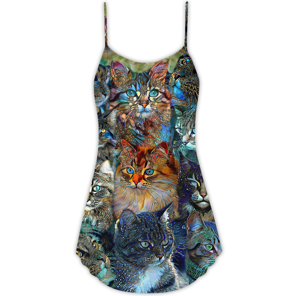 Colorful Glass Art Cat Lover V-Neck Sleeveless Cami Dress For Festivals Travel And Relaxed Casual Summer Wear