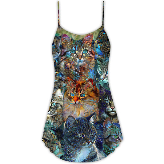 Colorful Glass Art Cat Lover V-Neck Sleeveless Cami Dress For Festivals Travel And Relaxed Casual Summer Wear