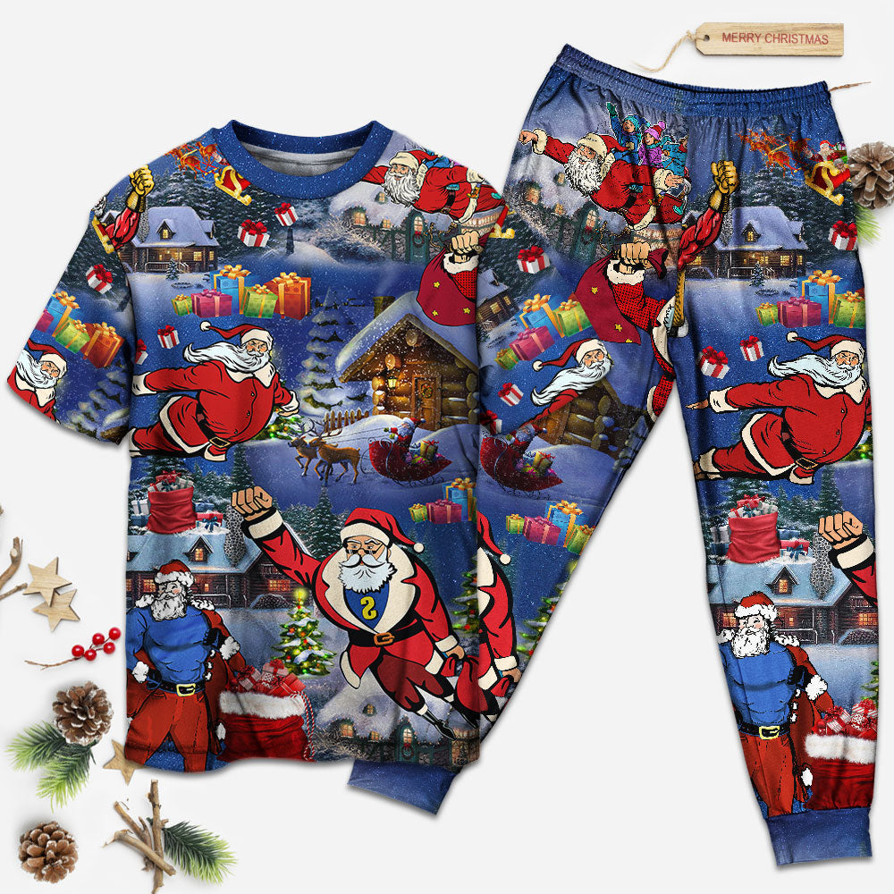 Flying Santa Christmas Short Sleeve Pajamas Set For Christmas Sleepwear And Family Lounging