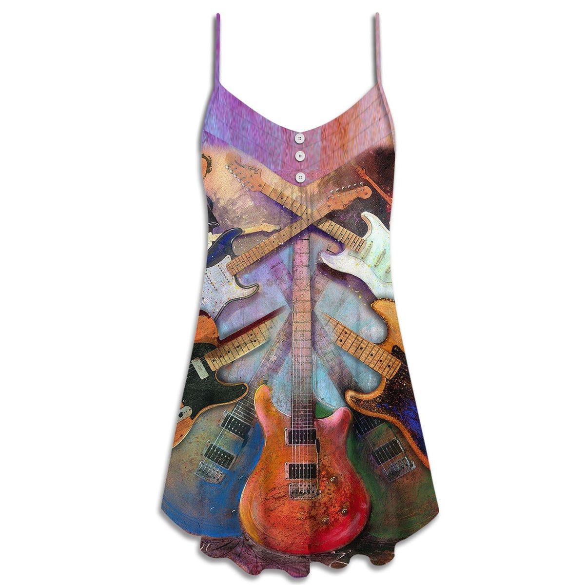 Abstract Colorful Guitar Lover V-Neck Sleeveless Cami Dress For Festivals Travel And Relaxed Casual Summer Wear