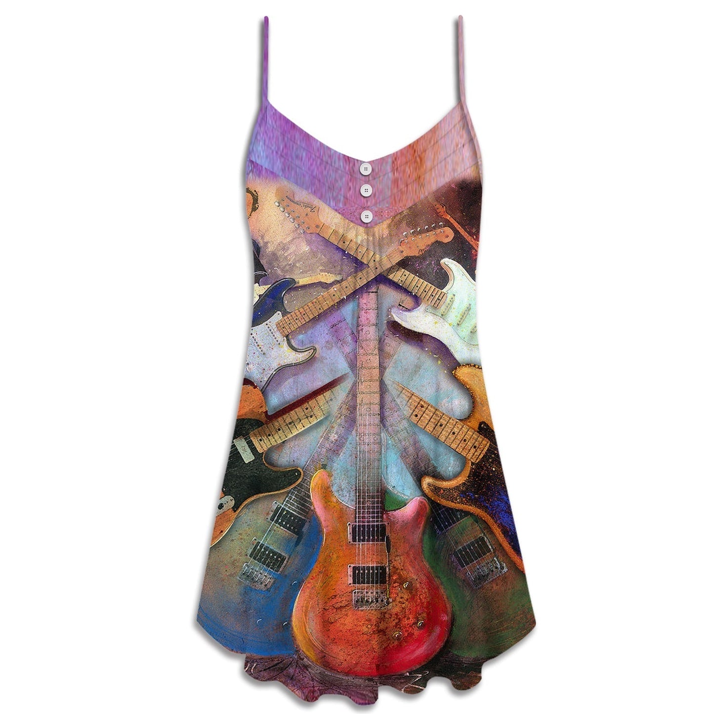 Abstract Colorful Guitar Lover V-Neck Sleeveless Cami Dress For Festivals Travel And Relaxed Casual Summer Wear