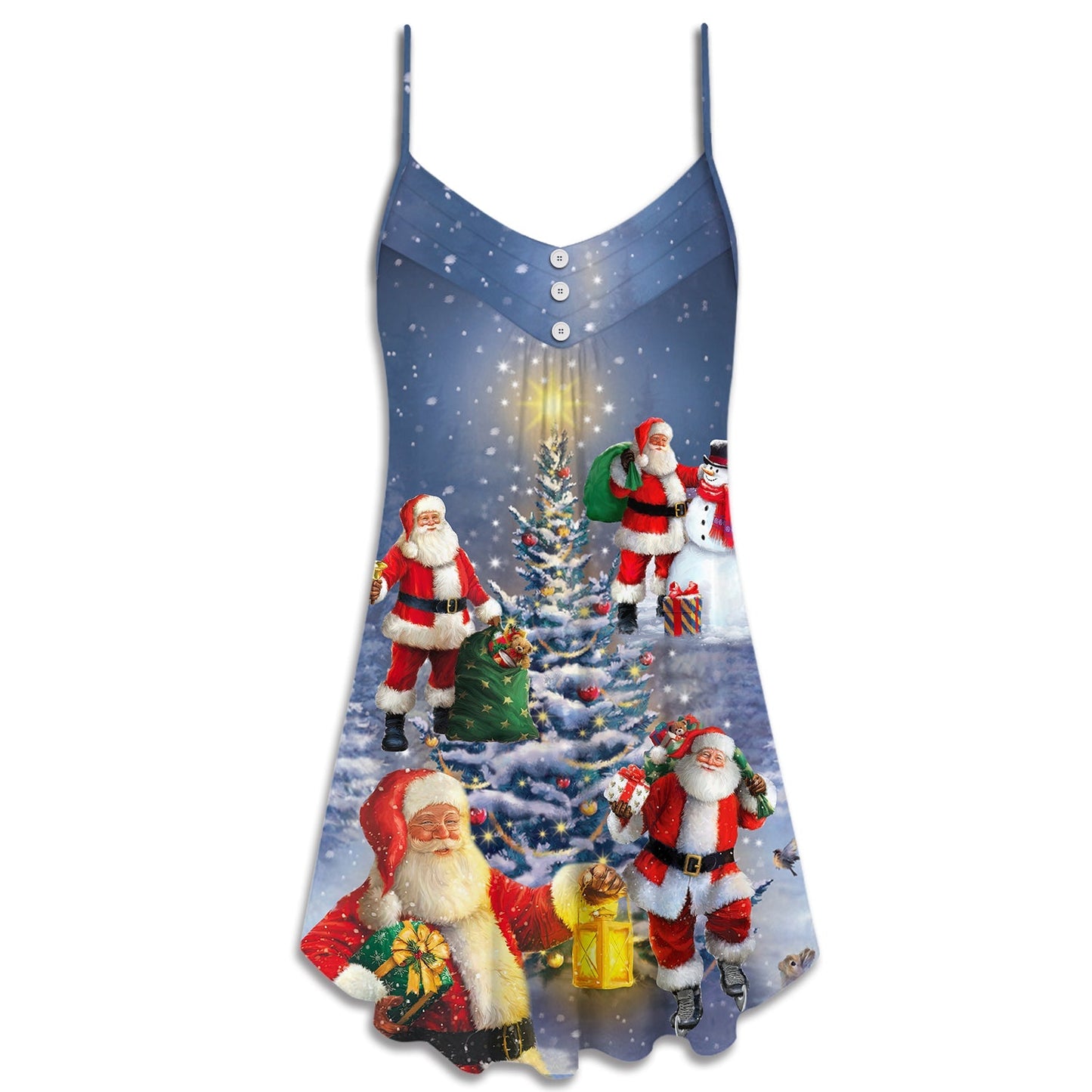 Santa Love Christmas Tree V-Neck Sleeveless Cami Dress For Vacations Parties And Expressive Warm Weather Styling