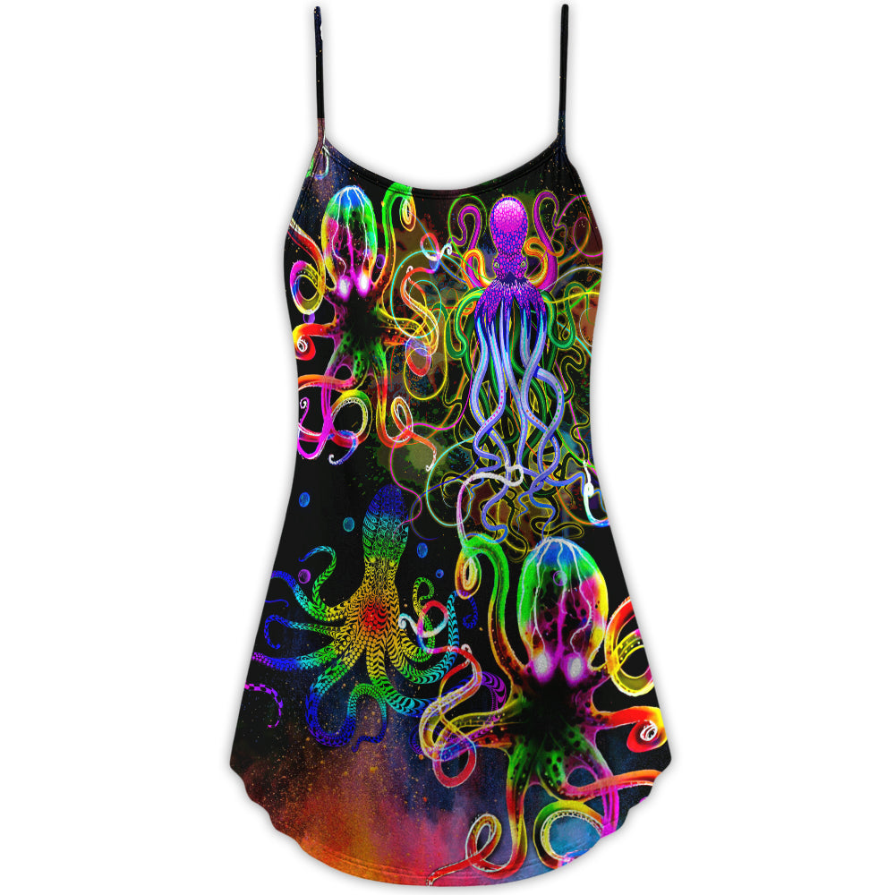 Octopus And Jellyfish Sea Life V-Neck Sleeveless Cami Dress For Beach Trips And Relaxed Vacation Style