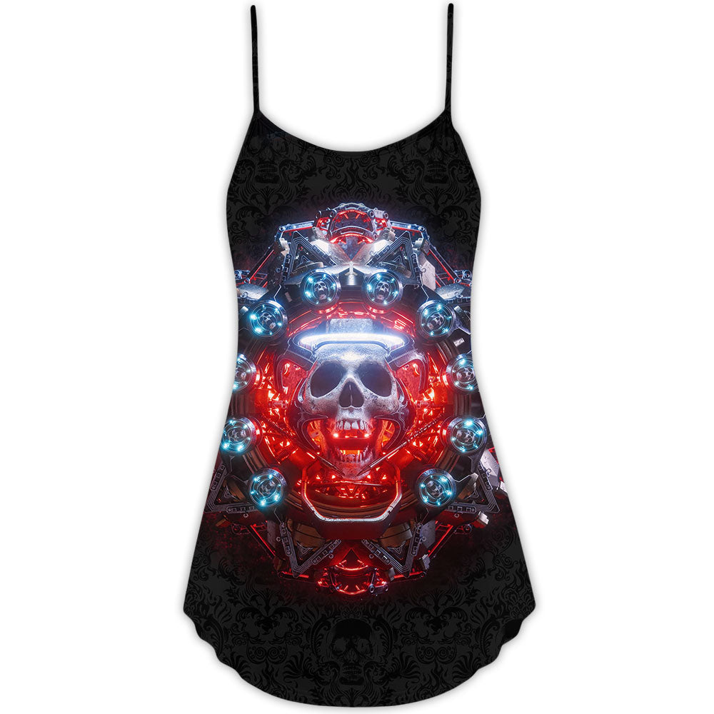 Skull Electric Dream Bold V-Neck Sleeveless Cami Dress For Festivals And Distinctive Alternative Styling