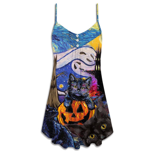 Halloween Black Cat Starry Night Funny – Women's Summer Sleeveless V-Neck Camisole Dress