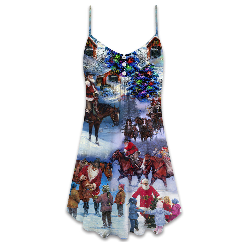 Santa Cowboy Christmas Love Children V-Neck Sleeveless Cami Dress For Vacations And Casual Warm Weather Wear