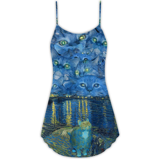 Cat Starry Night Art – Women's Summer Sleeveless V-Neck Camisole Dress