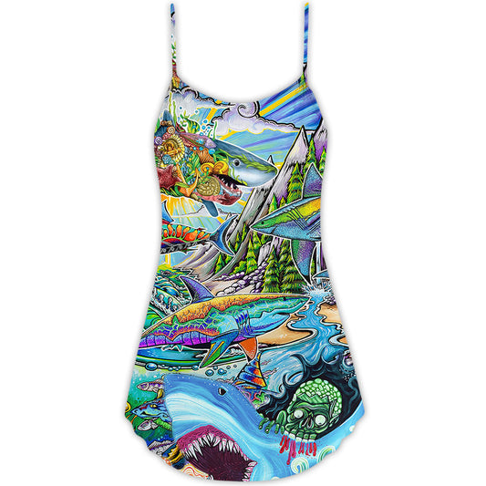 Shark Hippie Colorful Peace V-Neck Sleeveless Cami Dress For Summer Getaways Parties And Expressive Hippie Style