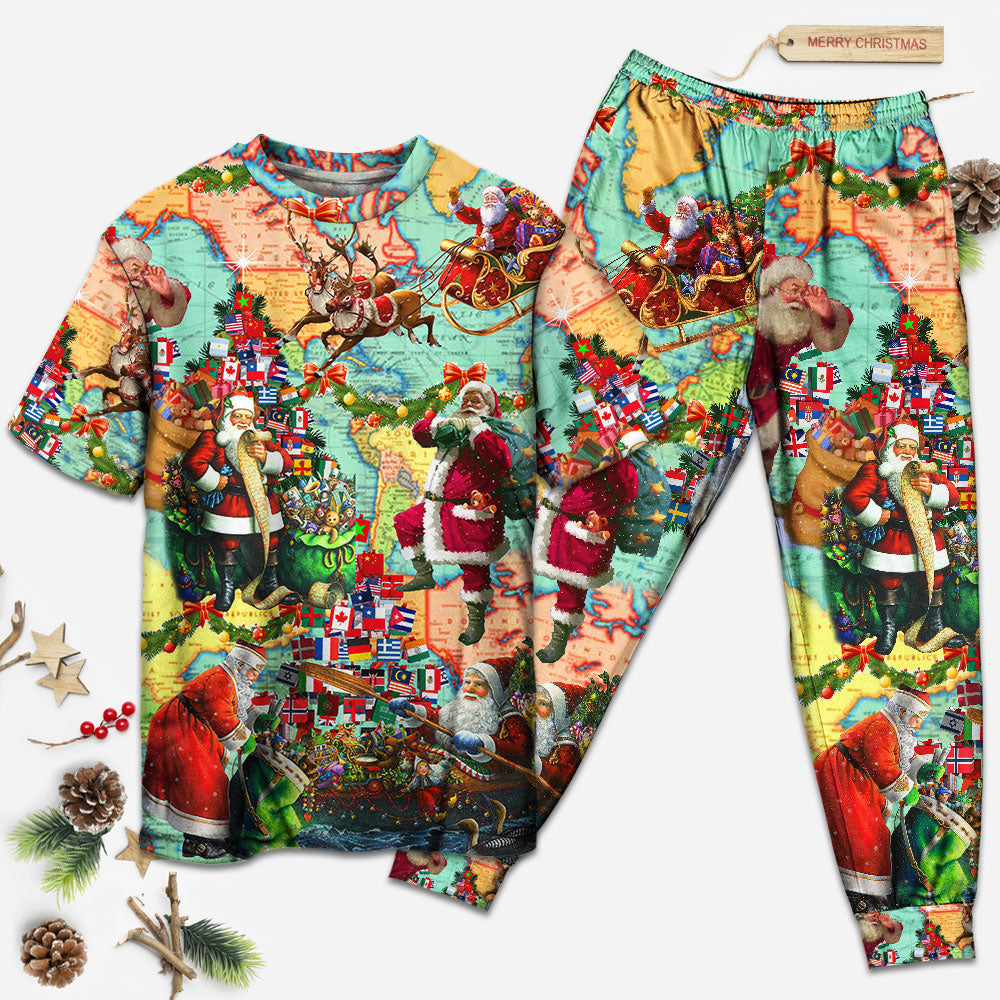 Santa Christmas Love Short Sleeve Pajamas Set For Christmas Sleepwear And Family Lounging