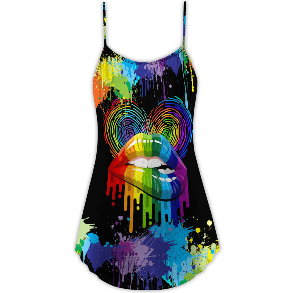 Pride Lips Color Of Happiness V-Neck Sleeveless Cami Dress For Festivals Travel And Relaxed Casual Summer Wear