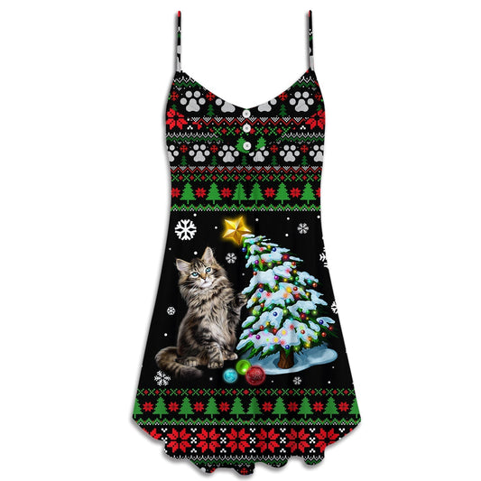 Christmas Cute Cat Wrecking Tree Funny – Women's Summer Sleeveless V-Neck Camisole Dress