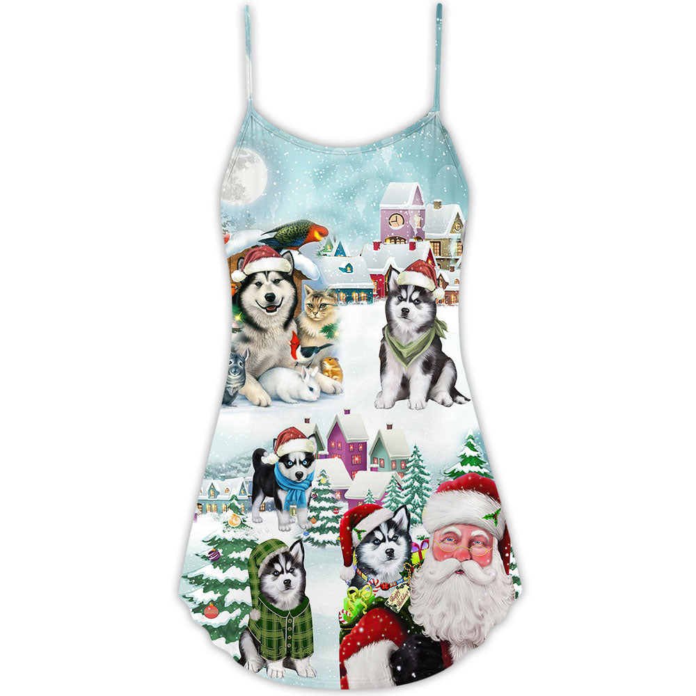 Husky Dogs Merry Christmas V-Neck Sleeveless Cami Dress For Christmas Parties Travel And Bright Seasonal Fashion