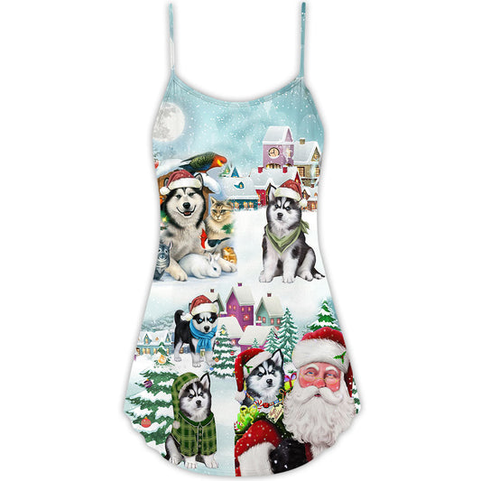Husky Dogs Merry Christmas – Women's Summer Sleeveless V-Neck Camisole Dress