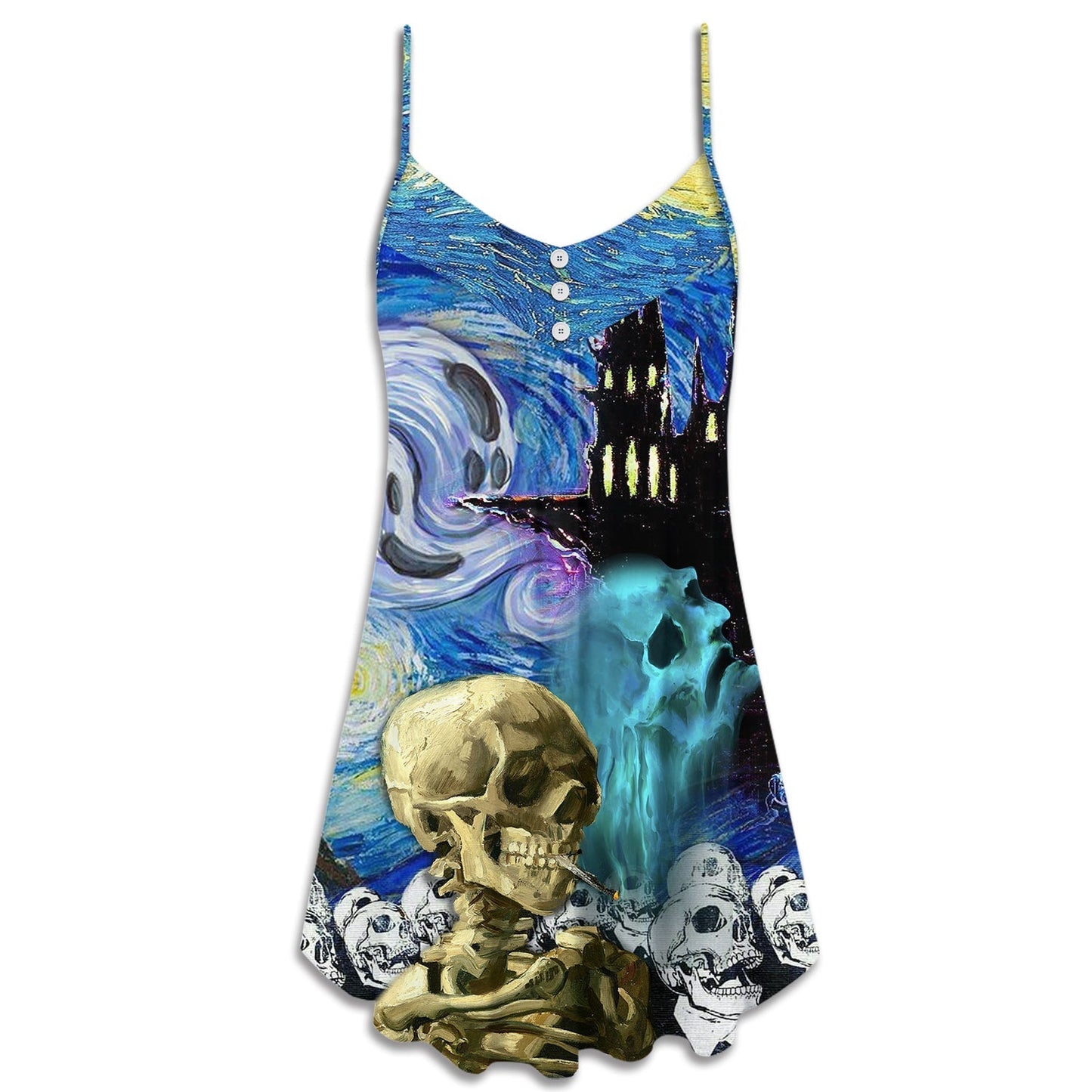Halloween Skull Smoke Starry Night V-Neck Sleeveless Cami Dress For Summer Events And Comfortable Everyday Style