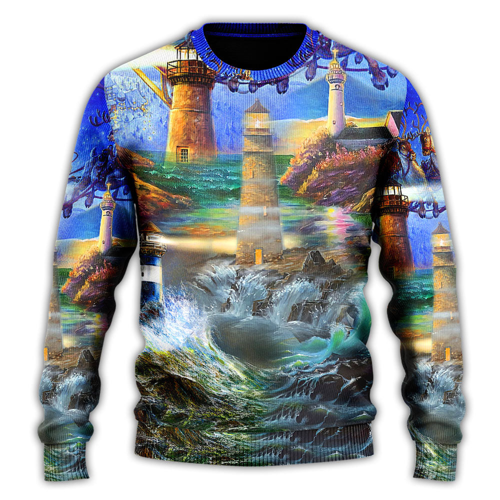 Lighthouse Christmas Santa Shine Like A Light Sweater For Seasonal Parties Cozy Gatherings And Thoughtful Holiday Gifts