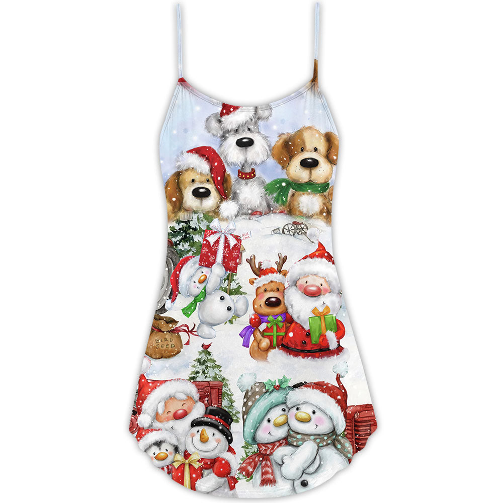 Santa And Snowman Happy Together V-Neck Sleeveless Cami Dress For Summer Events And Comfortable Everyday Style