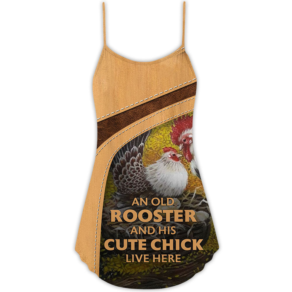 Old Rooster And Cute Chick V-Neck Sleeveless Cami Dress For Festivals Travel And Relaxed Casual Summer Wear
