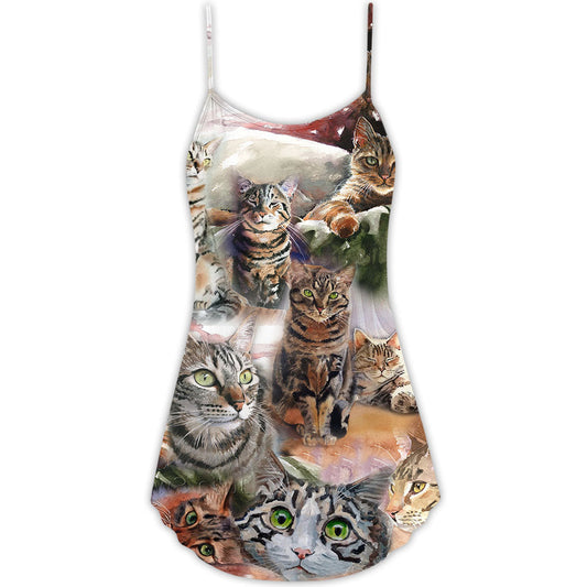 Tabby Cat Daily Portrait V-Neck Sleeveless Cami Dress For Summer Vacations Festivals And Casual Everyday Wear