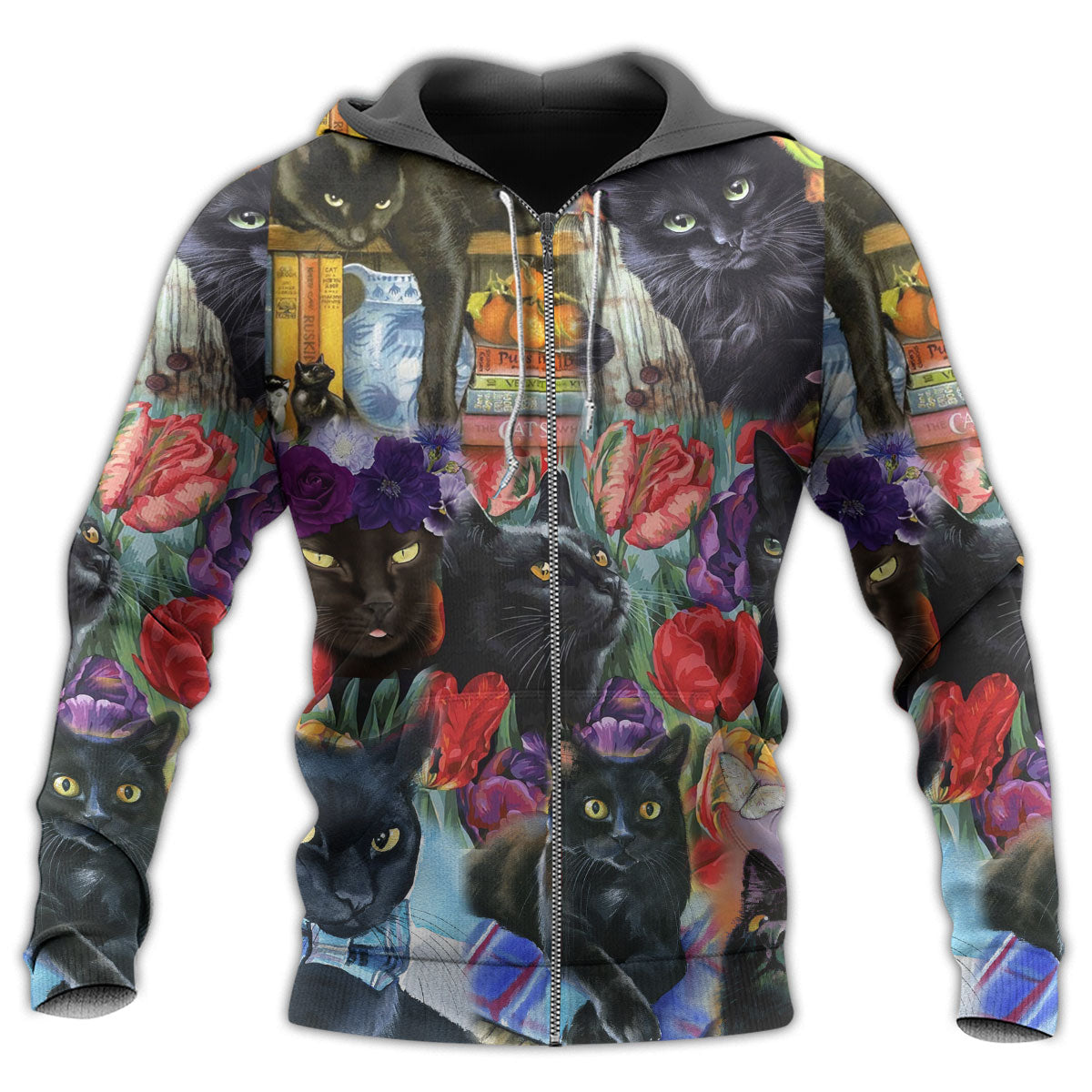 Black Floral Fantasy Cat Hoodie For Imaginative Adventures Casual Wear And Comfortable Layering