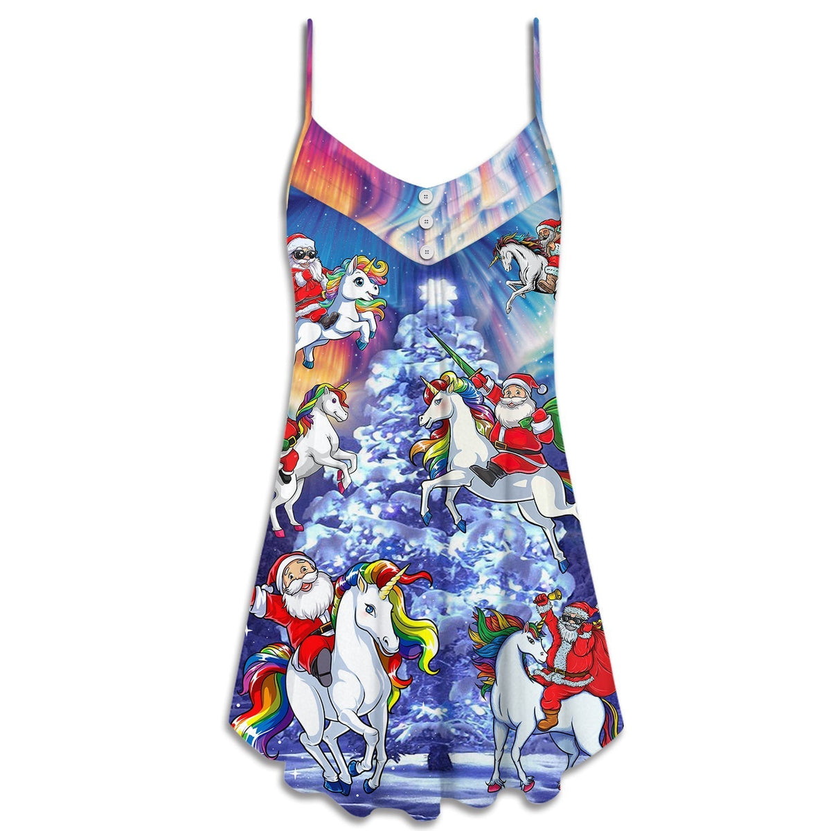 Santa Riding Unicorn Rainbow Night V-Neck Sleeveless Cami Dress For Summer Events And Comfortable Everyday Style