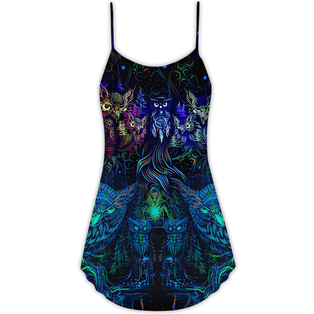 Owl And Witch Colorful Darkness V-Neck Sleeveless Cami Dress For Spooky Season Events And Relaxed Casual Styling