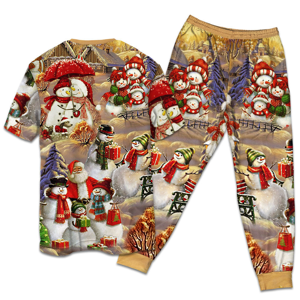 Snowman Couple Christmas Short Sleeve Pajamas Set For Christmas Mornings And Relaxed Lounging