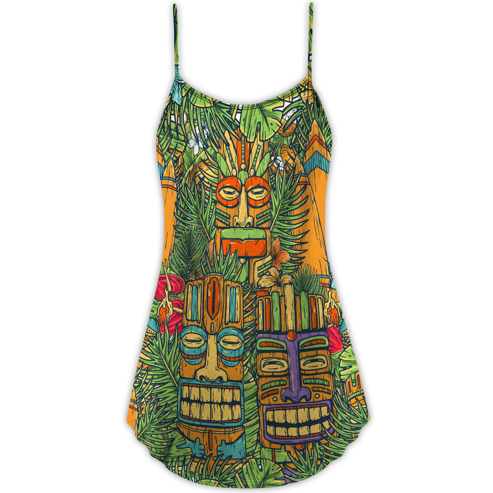 Tropical Tiki Mask Surf And Palms V-Neck Sleeveless Cami Dress For Beach Trips And Relaxed Vacation Style