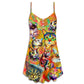 Funny Cat Lover Colorful Painting V-Neck Sleeveless Cami Dress For Vacations And Casual Warm Weather Wear