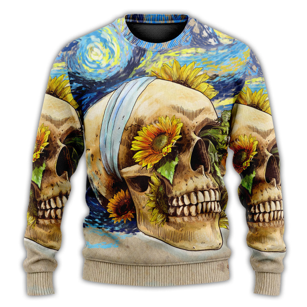 Skull And Sunflower Vintage Starry Night Sweater For Art Lovers Holidays Parties And Comfortable Wear
