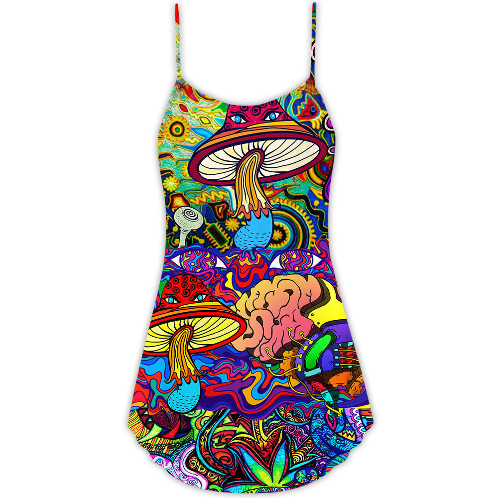 Hippie Mushroom Colorful Lover V-Neck Sleeveless Cami Dress For Festivals Vacations And Relaxed Artistic Styling