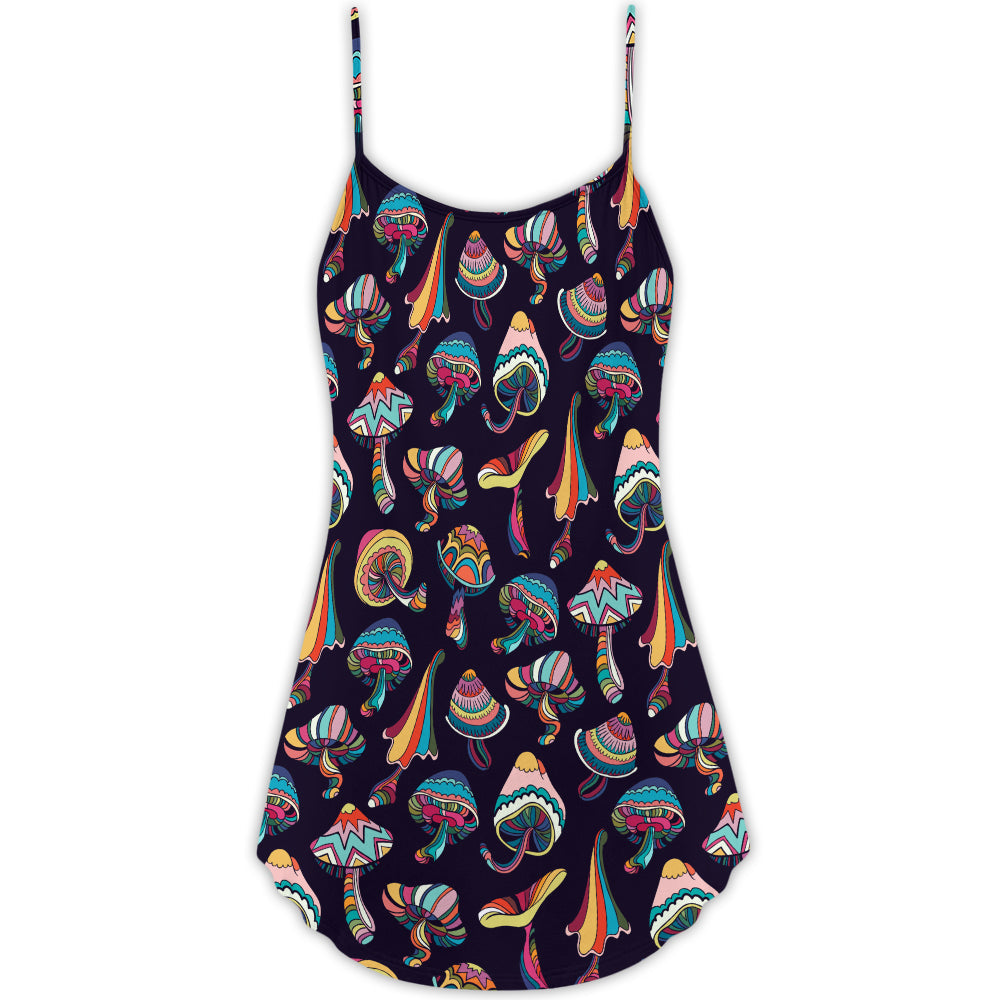 Hippie Mushroom Peace Love Life V-Neck Sleeveless Cami Dress For Festivals Travel And Relaxed Casual Summer Wear